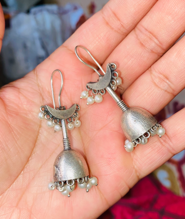Indian Pakistani Oxidized Silver Dome Jhumka Earrings with Pearl Beads – Traditional Boho Style - Image 3