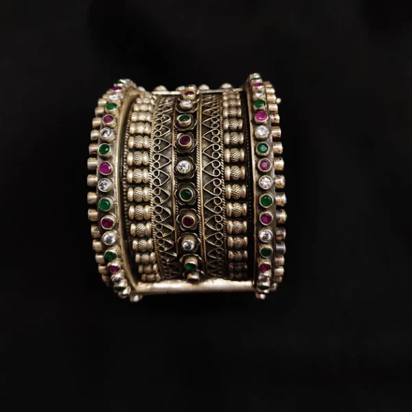 925 Sterling Silver Handcrafted Gold Rajasthani Statement Stone Kada (Single) - Image 2