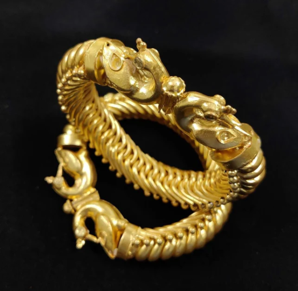 Gold Plated Sterling Silver Peacock Handcrafted Gold Rajasthani Sutlada Kada (Single) - Image 6