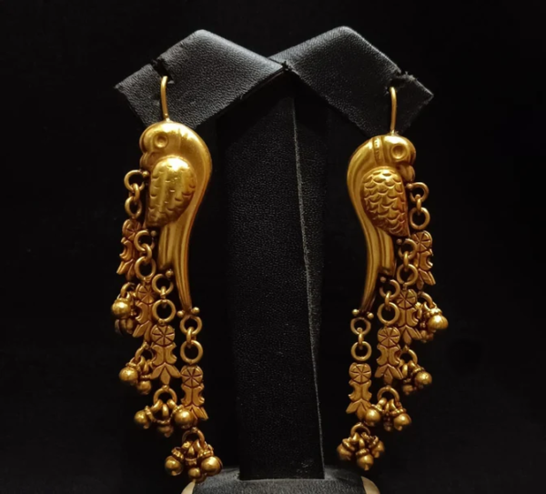 925 Sterling Silver Gold Plated  Pakshi Jhoola" – Antique Gold Parrot Danglers