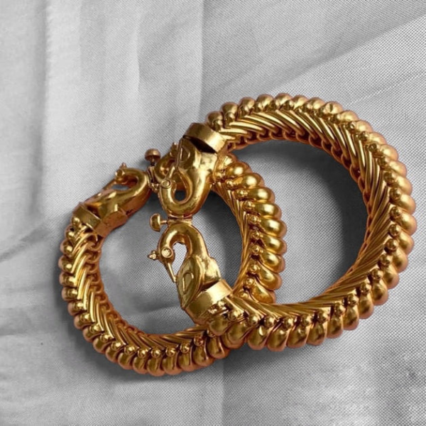 Gold Plated Sterling Silver Peacock Handcrafted Gold Rajasthani Sutlada Kada (Single) - Image 2