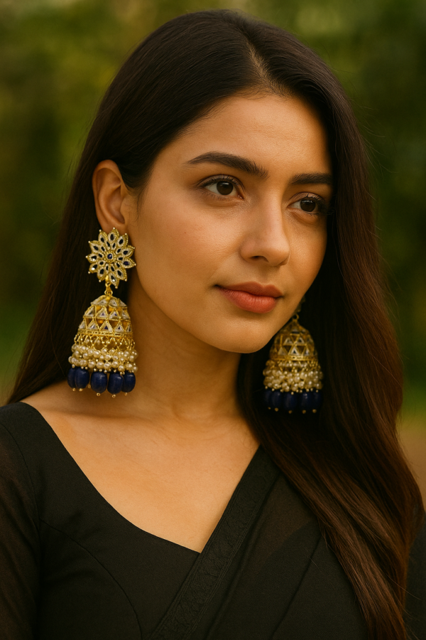 Bollywood Style Gold Plated Indian Kundan Big Jhumka Pearl Earrings Jewelry Set