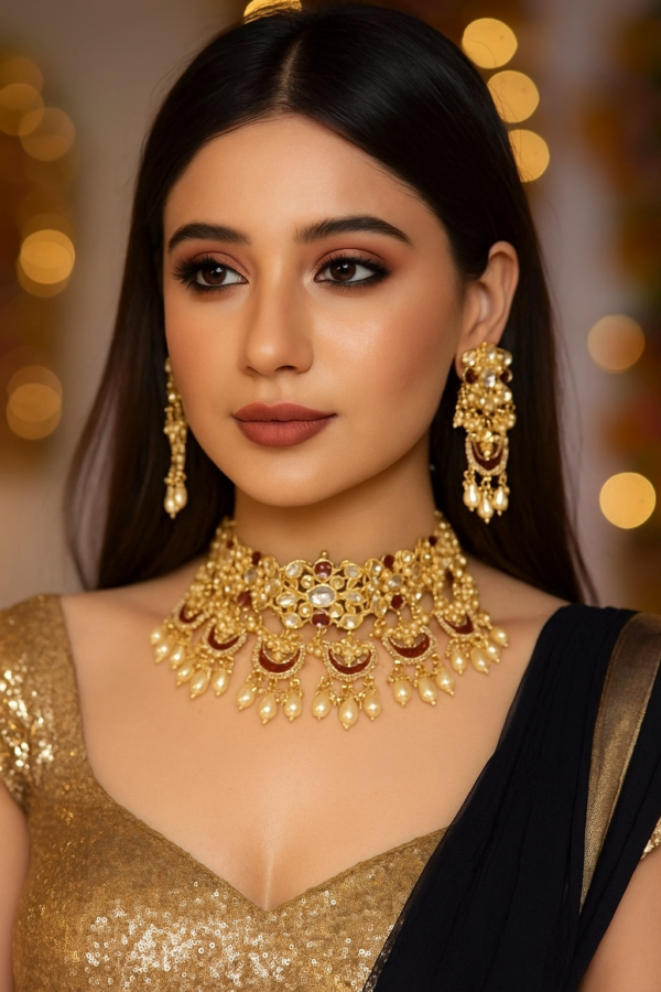Bollywood Style Gold Plated Enameled Choker Necklace Earrings Bridal Wedding Kundan Pearl Jewelry Set