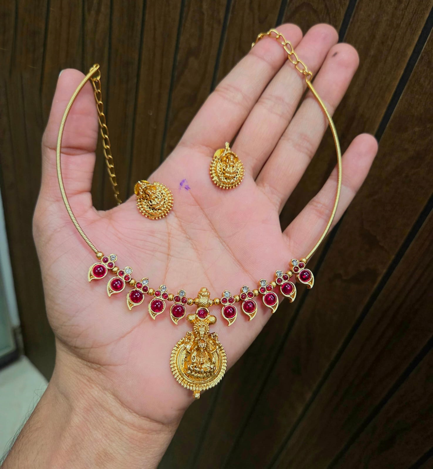 Traditional Temple Necklace Set with Red Stones & Goddess Pendant – Antique Gold Plated Jewelry for Women