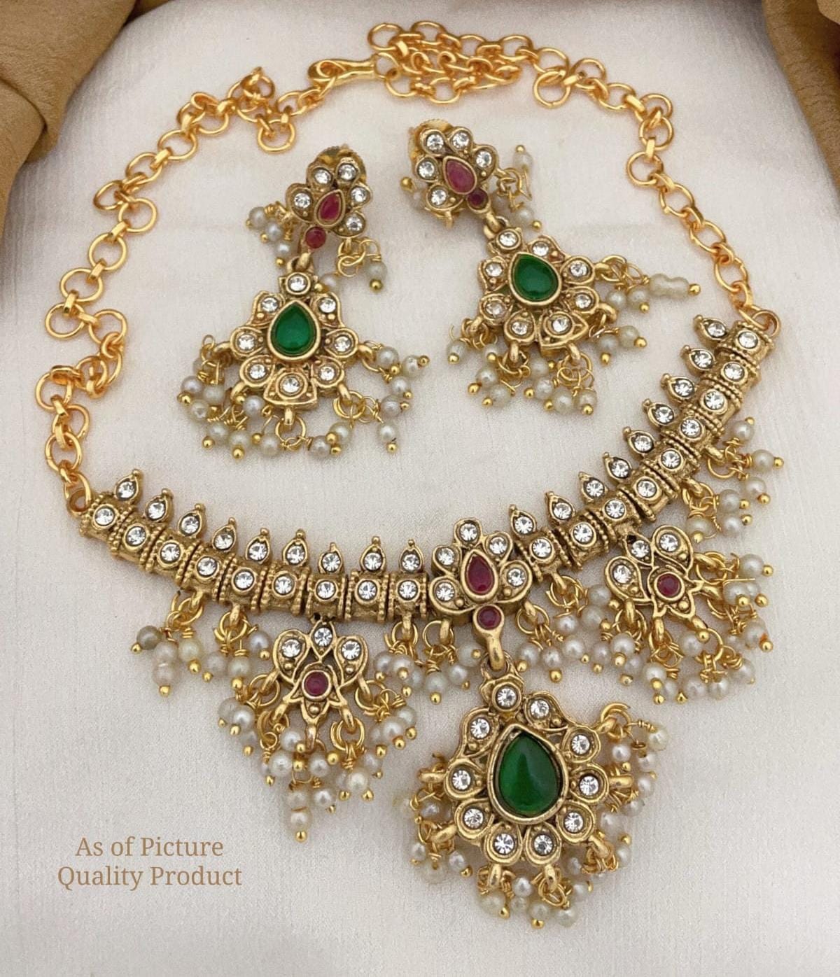 Gold-Plated Green & Red Stone Kundan Pearl Necklace Set – Traditional Bridal Jewelry for Women