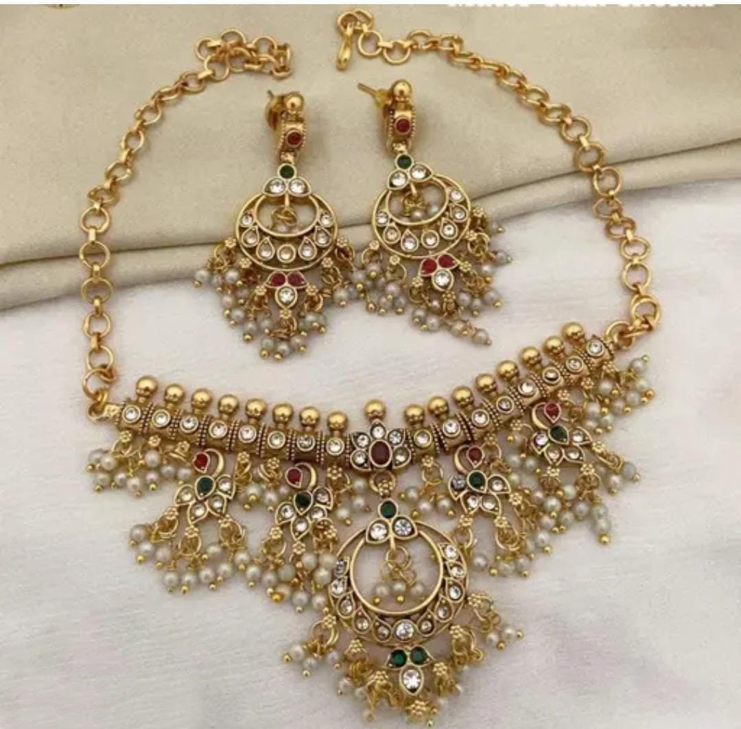 Gold-Plated Multi-Stone Kundan Pearl Drop Necklace Set – Traditional Indian Bridal Jewelry - Image 2