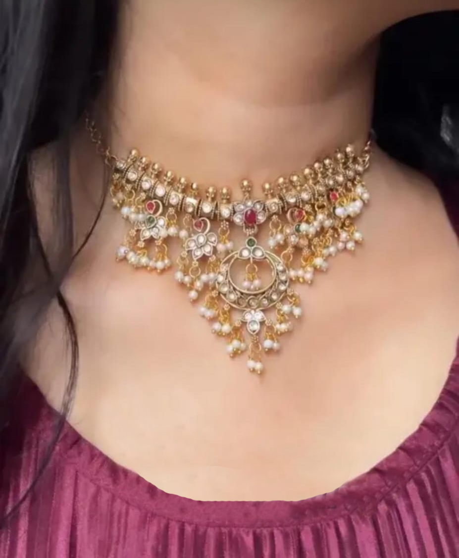 Gold-Plated Multi-Stone Kundan Pearl Drop Necklace Set – Traditional Indian Bridal Jewelry