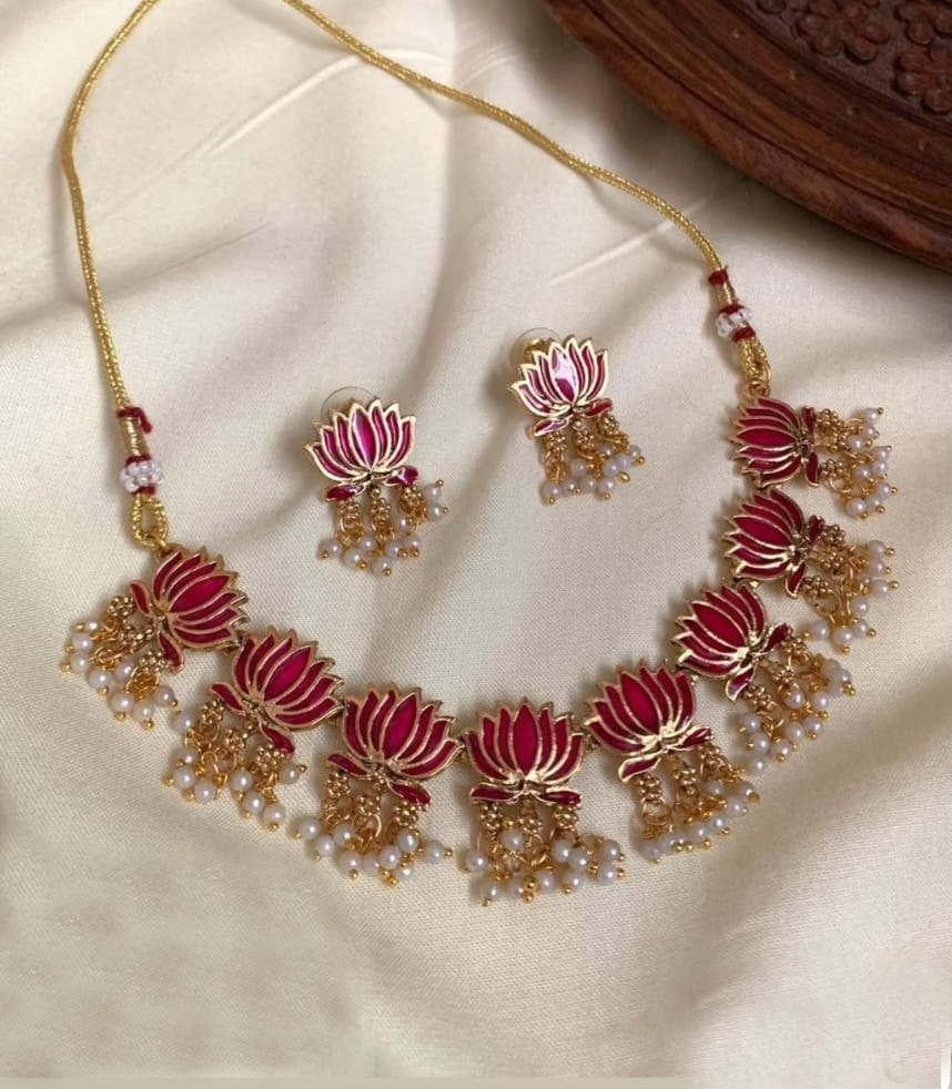 Gold-Plated Elegant Lotus Pearl Necklace Set – Red Enamel Floral Jewelry for Women Indian Bridal Jewelry