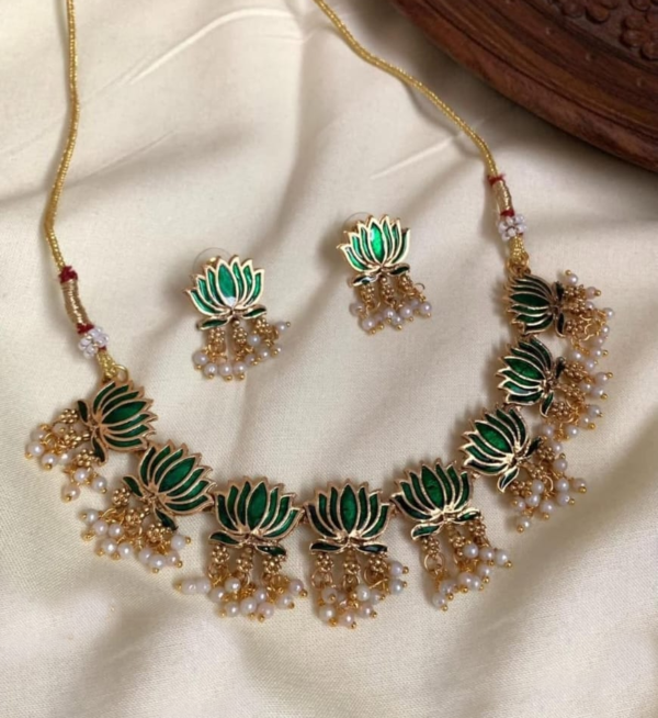 Gold-Plated Elegant Lotus Pearl Necklace Set – Green Enamel Floral Jewelry for Women Indian Bridal Jewelry