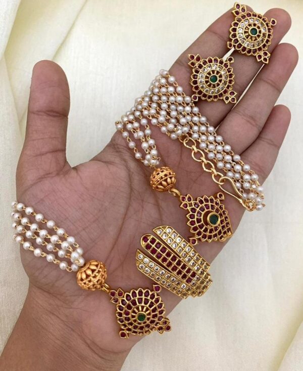 Traditional Pearl Layered Necklace – Gold Plated Temple Design with Red & Green Stones
