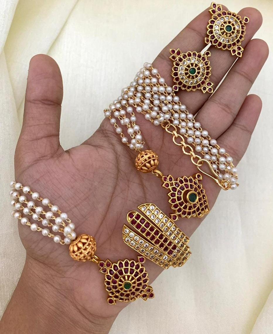 Traditional Pearl Layered Necklace – Gold Plated Temple Design with Red & Green Stones