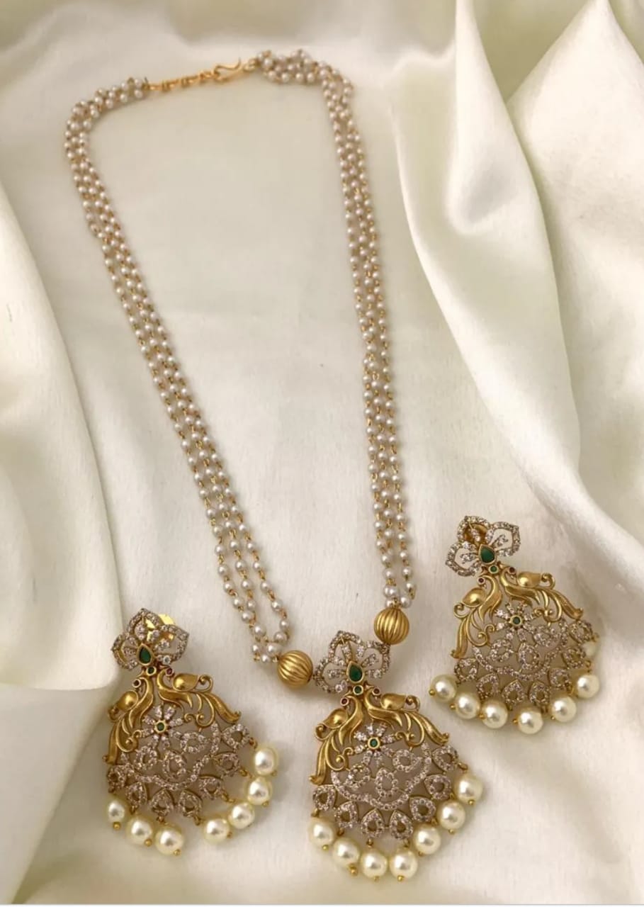Elegant Pearl Long Necklace Set – Gold Plated Jhumka Pendant Jewelry for Women