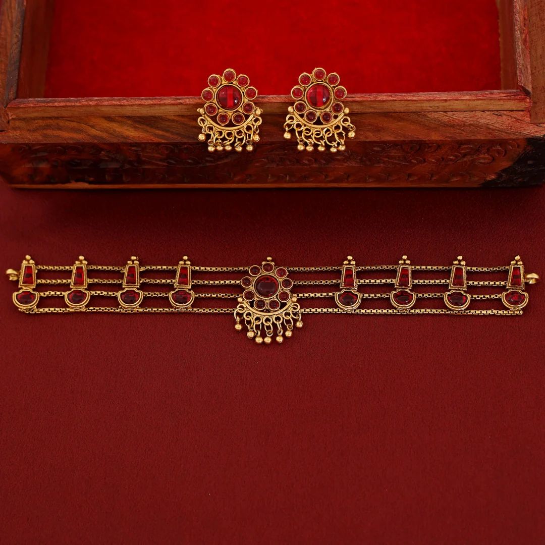 Elegant Gold-Plated Choker Necklace Set with Ruby Red Stones & Matching Earrings - Image 3