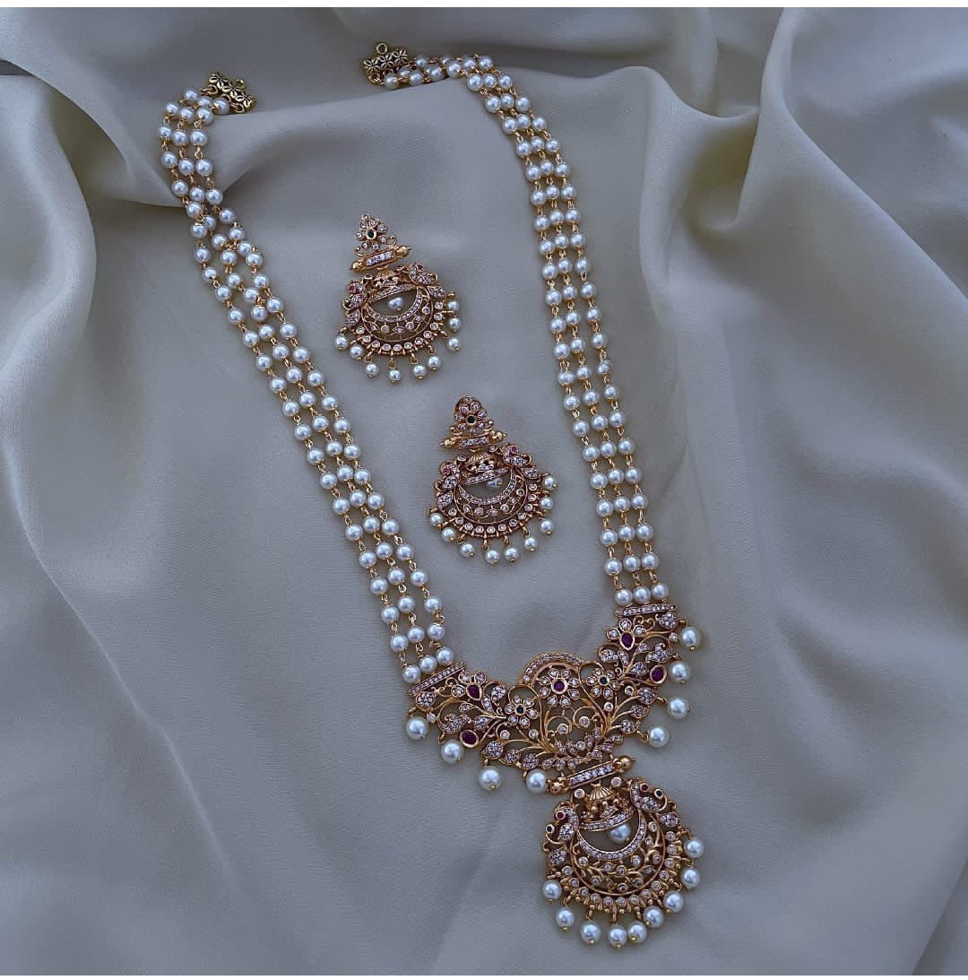 Gold-Plated Pearl Layer Necklace Set with Kundan & Ruby Detailing