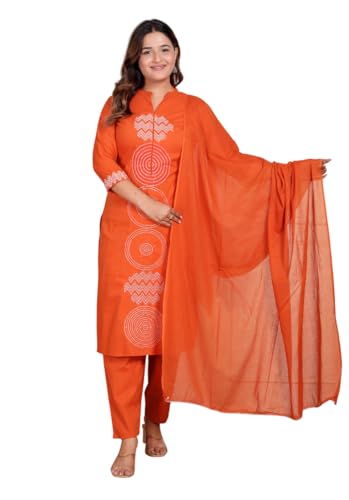 vivajewels Women's Cotton Printed Straight Kurti With Pant and Dupatta Set (DARK Orange-L)