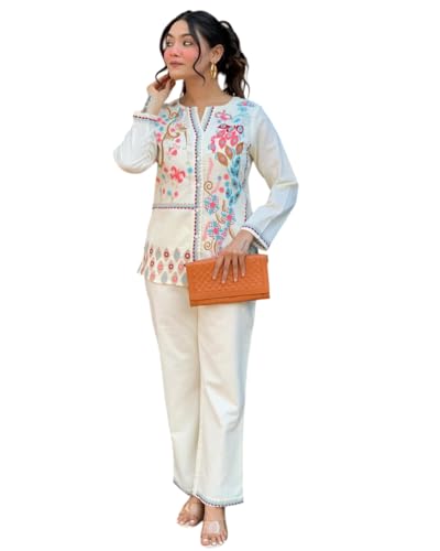 vivajewels Women's Cotton Embroidery Straight Kurti with Pant Set