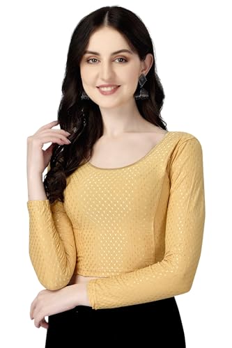 Round Neck Dobby Cotton Lycra Stretchable Elbow Sleeve Readymade Saree Blouse for Women Stylish (Free Size Full Sleeve)