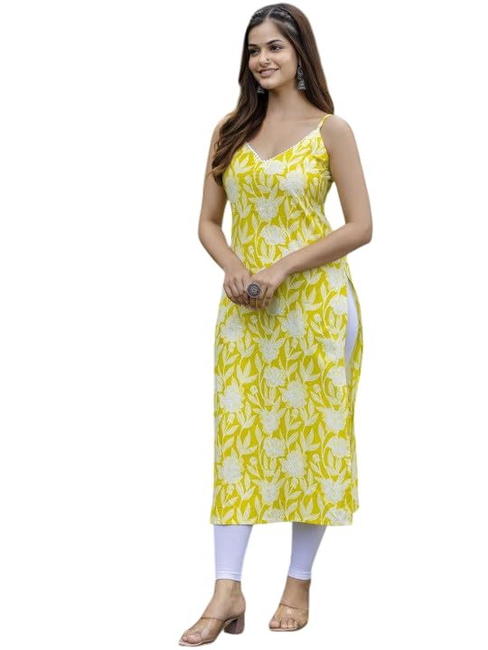 vivajewels1 Women's Rayon Floral Printed Sleeveless Straight Kurti Set