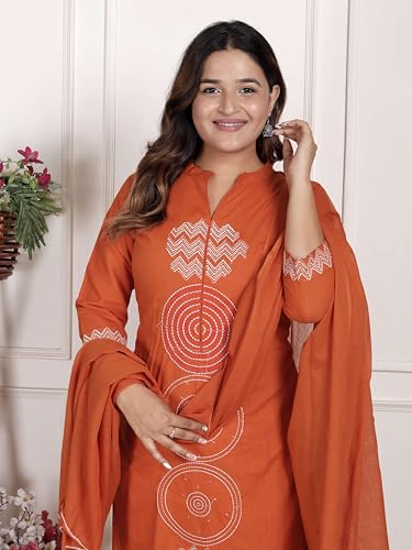 vivajewels Women's Cotton Printed Straight Kurti With Pant and Dupatta Set (DARK Orange-L) - Image 3