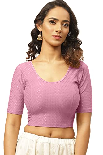 Round Neck Pure Dobby Cotton Stretchable Elbow Sleeve Readymade Saree Blouse for Women Stylish Free Size