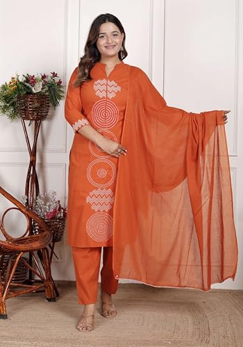 vivajewels Women's Cotton Printed Straight Kurti With Pant and Dupatta Set (DARK Orange-L) - Image 2