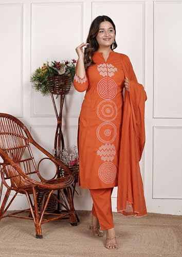 vivajewels Women's Cotton Printed Straight Kurti With Pant and Dupatta Set (DARK Orange-L) - Image 5