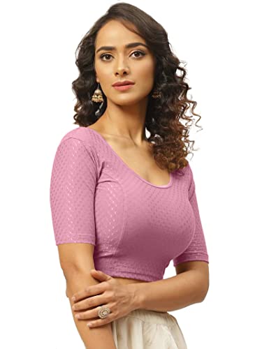 Round Neck Pure Dobby Cotton Stretchable Elbow Sleeve Readymade Saree Blouse for Women Stylish Free Size - Image 2