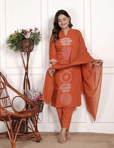 vivajewels Women's Cotton Printed Straight Kurti With Pant and Dupatta Set (DARK Orange-L) - Image 4