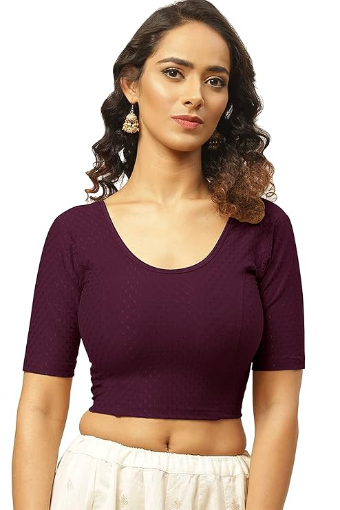 Round Neck Pure Dobby Cotton Stretchable Elbow Sleeve Readymade Saree Blouse for Women Stylish Free Size - Image 22