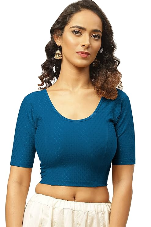 Round Neck Pure Dobby Cotton Stretchable Elbow Sleeve Readymade Saree Blouse for Women Stylish Free Size - Image 20