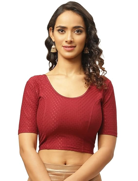 Round Neck Pure Dobby Cotton Stretchable Elbow Sleeve Readymade Saree Blouse for Women Stylish Free Size - Image 17
