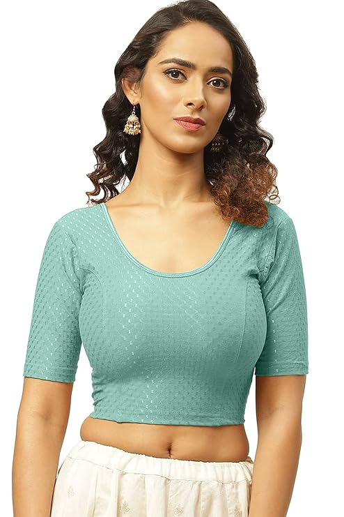 Round Neck Pure Dobby Cotton Stretchable Elbow Sleeve Readymade Saree Blouse for Women Stylish Free Size - Image 14