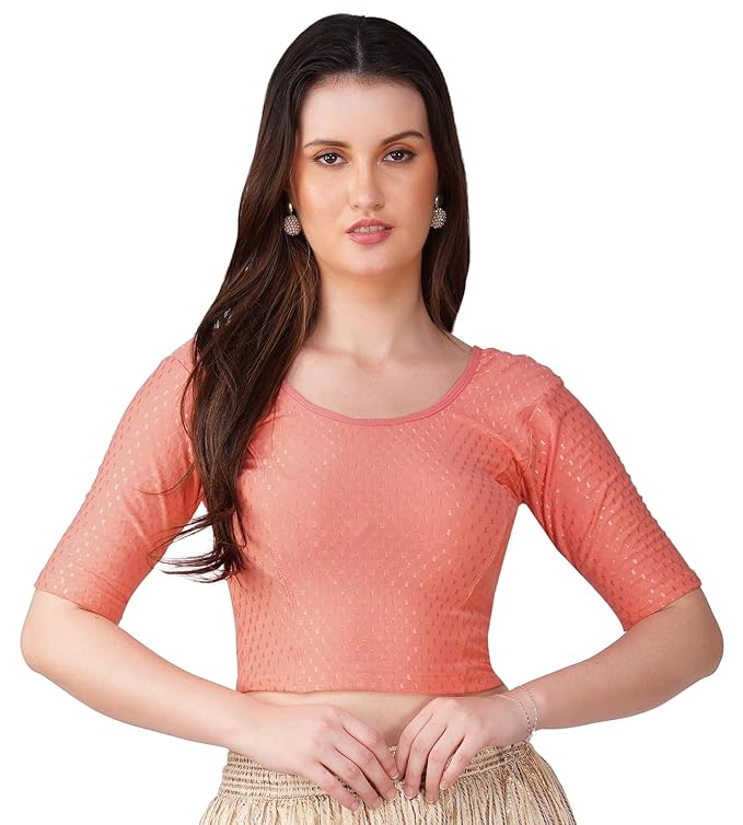 Round Neck Pure Dobby Cotton Stretchable Elbow Sleeve Readymade Saree Blouse for Women Stylish Free Size - Image 13