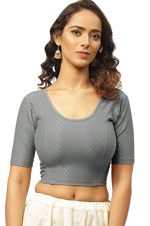 Round Neck Pure Dobby Cotton Stretchable Elbow Sleeve Readymade Saree Blouse for Women Stylish Free Size - Image 8