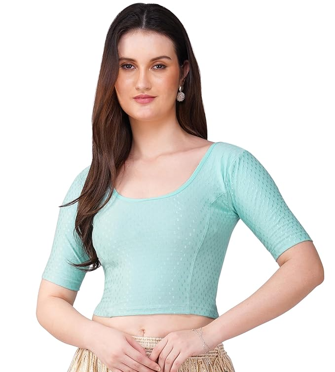 Round Neck Pure Dobby Cotton Stretchable Elbow Sleeve Readymade Saree Blouse for Women Stylish Free Size - Image 7