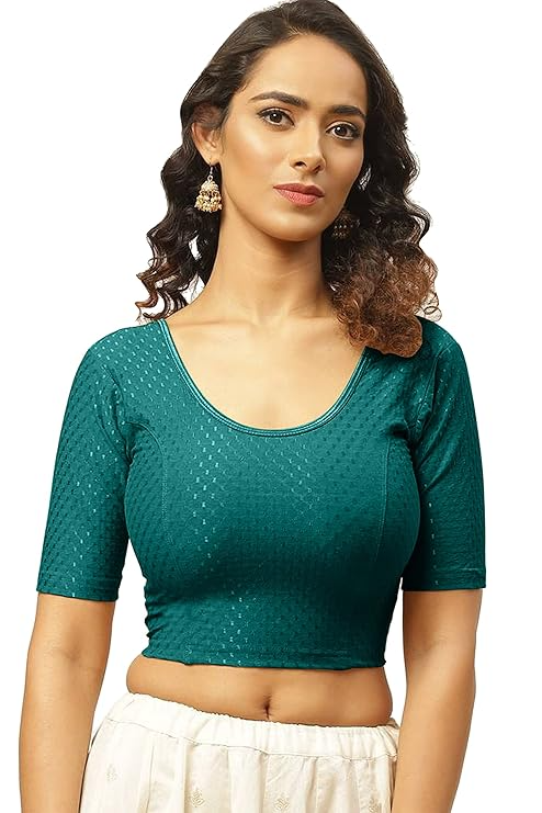 Round Neck Pure Dobby Cotton Stretchable Elbow Sleeve Readymade Saree Blouse for Women Stylish Free Size - Image 6