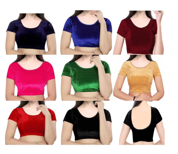 Round Neck Dobby Velvet Stretchable Half Sleeve Readymade Saree Blouse for Women Stylish (Free Size Half Sleeve)