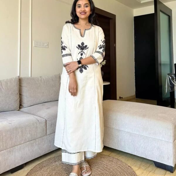 Women's Cotton Embroidered Straight Kurta with Palazzo - Image 7