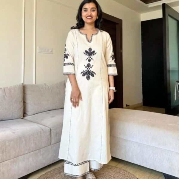 Women's Cotton Embroidered Straight Kurta with Palazzo - Image 4