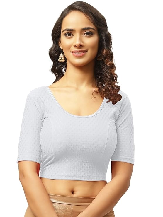 Round Neck Pure Dobby Cotton Stretchable Elbow Sleeve Readymade Saree Blouse for Women Stylish Free Size - Image 5