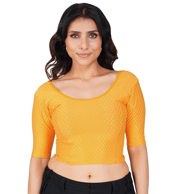 Round Neck Pure Dobby Cotton Stretchable Elbow Sleeve Readymade Saree Blouse for Women Stylish Free Size - Image 4