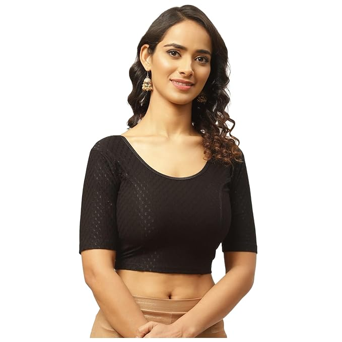 Round Neck Pure Dobby Cotton Stretchable Elbow Sleeve Readymade Saree Blouse for Women Stylish Free Size - Image 25