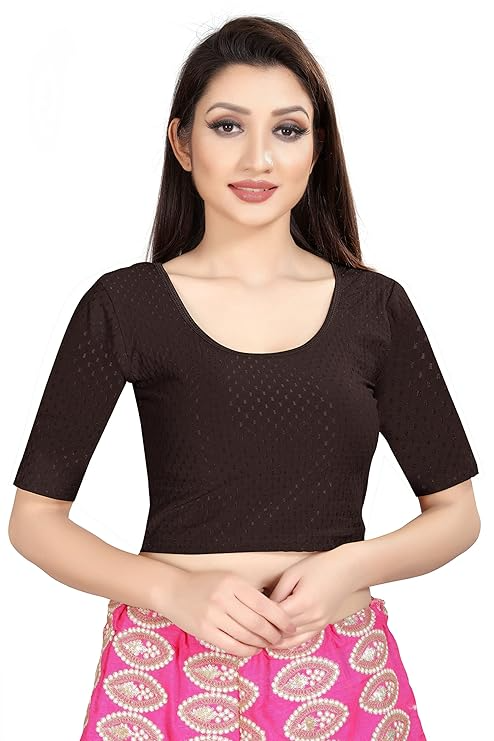 Round Neck Pure Dobby Cotton Stretchable Elbow Sleeve Readymade Saree Blouse for Women Stylish Free Size - Image 23