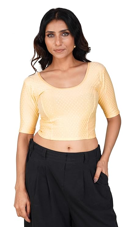 Round Neck Pure Dobby Cotton Stretchable Elbow Sleeve Readymade Saree Blouse for Women Stylish Free Size - Image 21