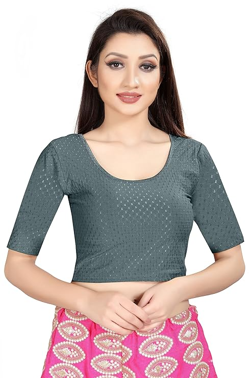 Round Neck Pure Dobby Cotton Stretchable Elbow Sleeve Readymade Saree Blouse for Women Stylish Free Size - Image 19