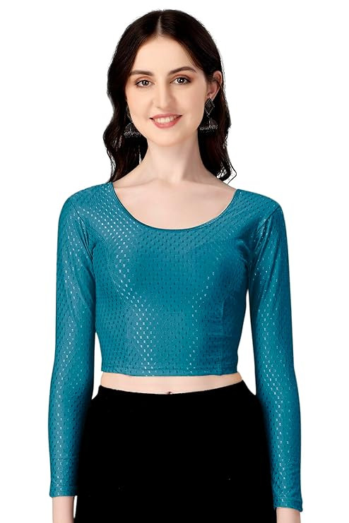 Round Neck Dobby Cotton Lycra Stretchable Elbow Sleeve Readymade Saree Blouse for Women Stylish (Free Size Full Sleeve) - Image 7