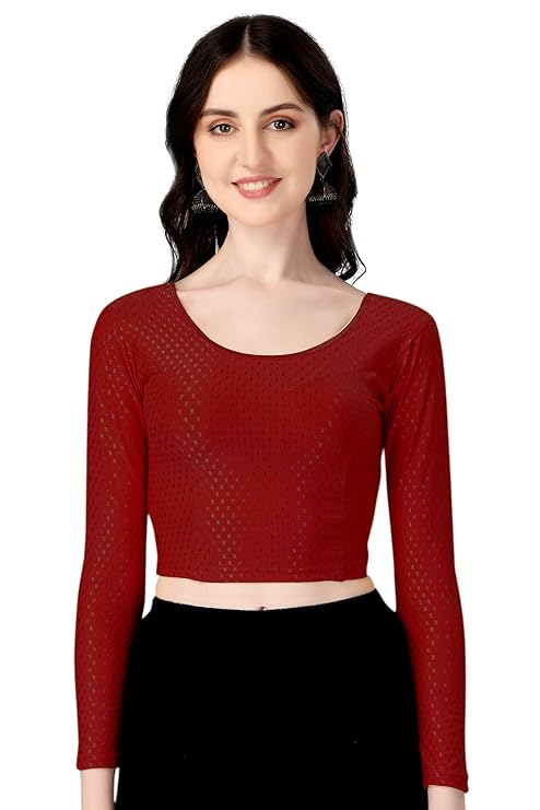 Round Neck Dobby Cotton Lycra Stretchable Elbow Sleeve Readymade Saree Blouse for Women Stylish (Free Size Full Sleeve) - Image 5