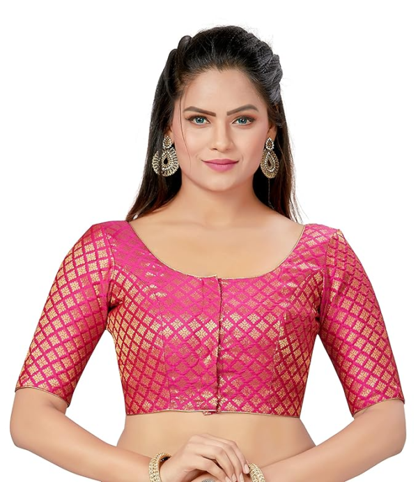 Womens Fashion Polyester Brocade Readymade Saree Blouse with Elbow Length Sleeves - Image 3