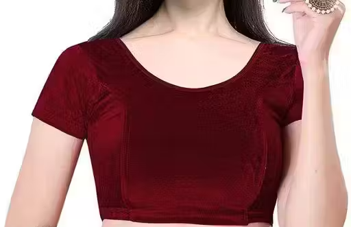 Round Neck Dobby Velvet Stretchable Half Sleeve Readymade Saree Blouse for Women Stylish (Free Size Half Sleeve) - Image 2