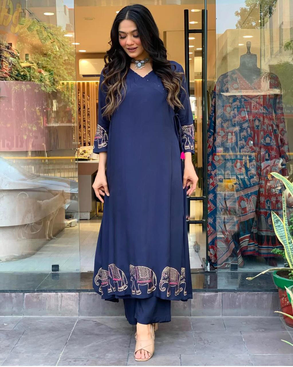 Indian Blue rayon Cotton Kurta Set with Pant – Women’s Ethnic Designer Kurti Tunic Top Wear.